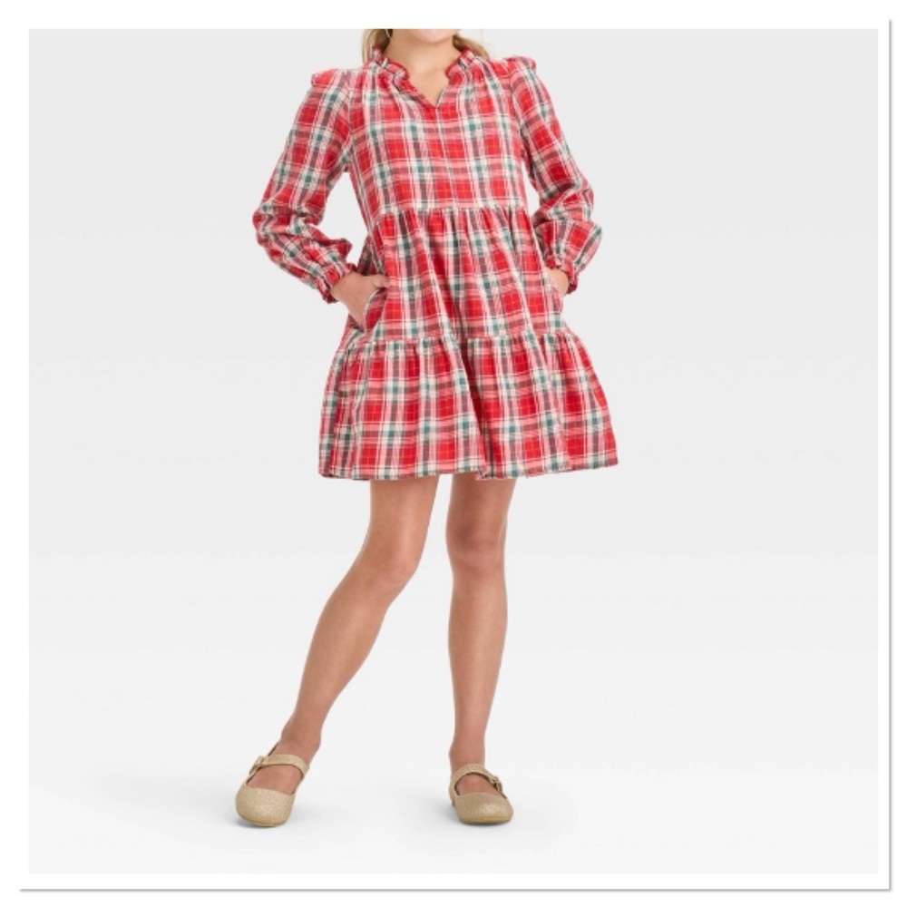 Girl’s Long Sleeve Holiday Plaid Tiered Woven Dress Cat & Jack